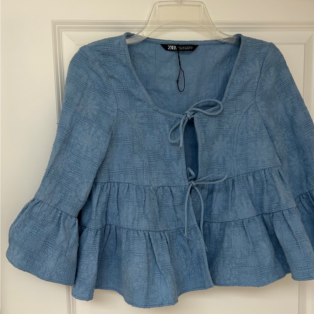 Zara Light Blue Tie-Front Tiered Blouse - Picture 8 of 10